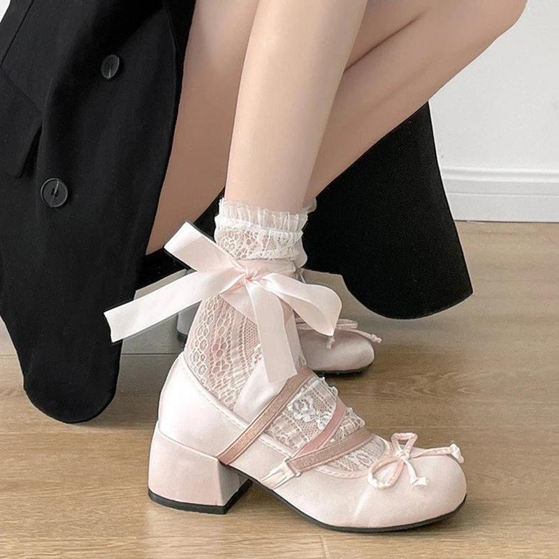 Fashion Lolita Cross Strap Pink Round Toe Shoes Ladies Sweet Butterfly Knot Med Heels Mary Janes Shoes Women Fashion Party Shoes Mujer