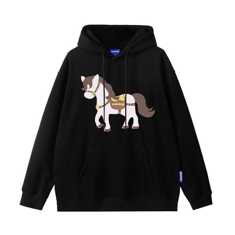 Wassup Year of the Horse Themed National Trend Heavy Fleece Sweatshirt for Men, Autumn and Winter Loose Casual Couple Hooded Top Jacket
