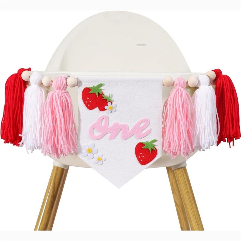 Pink White Birthday Chair Piece for Baby Photo Time, First Birthday Fabric Trim Cloth with Sweet Fruit Theme Today