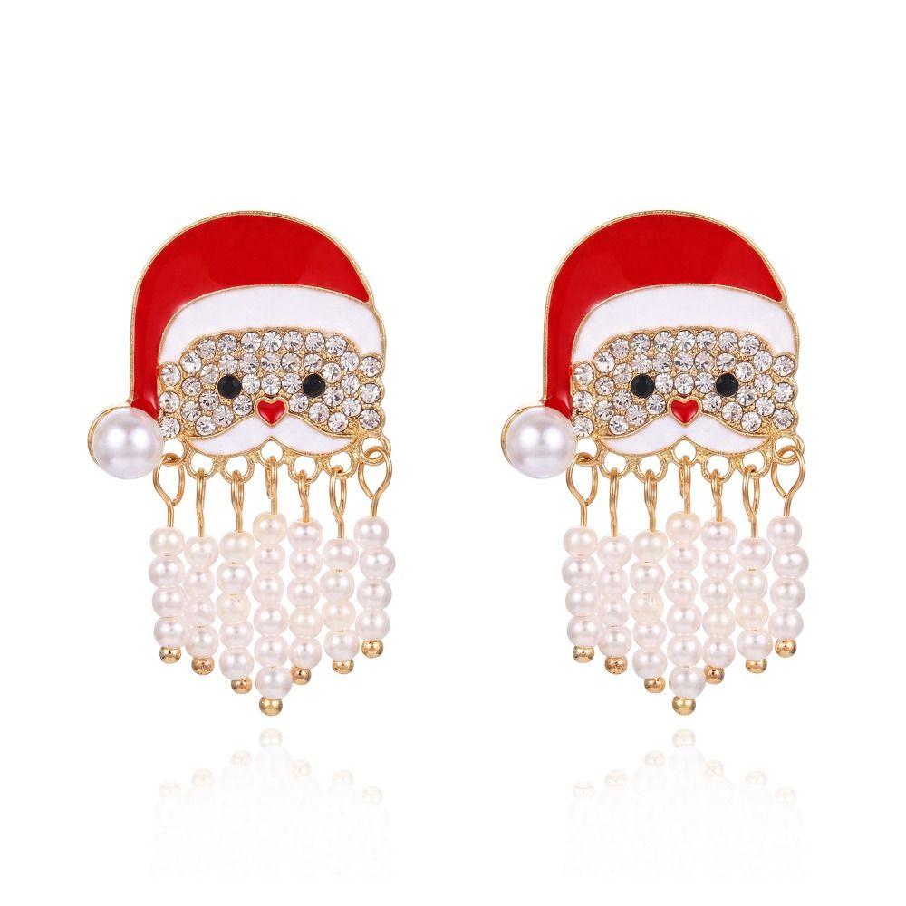 Pearl Adorned Enamel Drop Earrings Rhinestone Decorated Santa Claus Stud Earrings Xmas Gifts