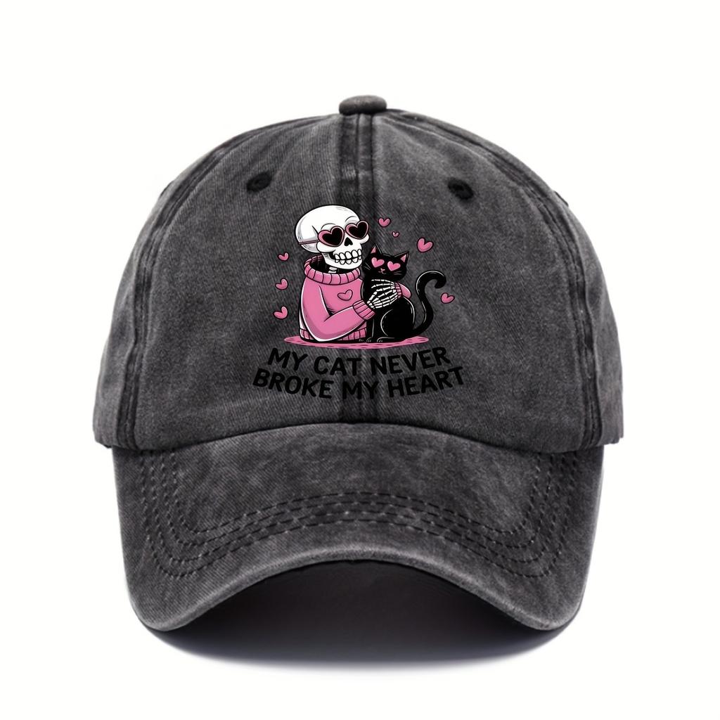 My Cat Never Broke My Heart Skeleton Baseball Cap Distressed Washed Denim Style Outdoor Casual Adjustable Hat