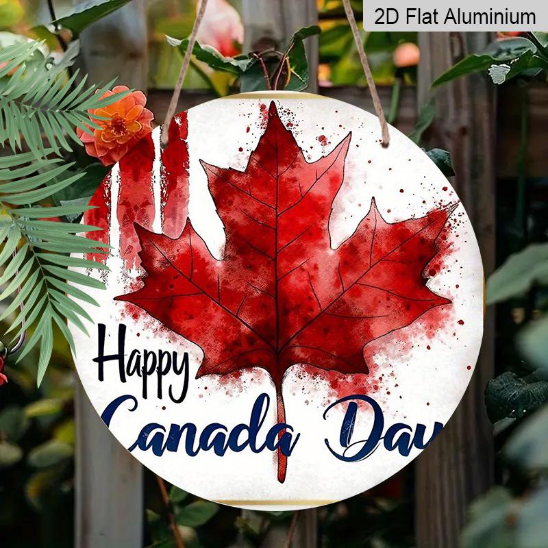 2D Flat, 1pc Patriotic Canada Day Round Aluminum Metal Sign, Watercolor Red Maple Leaf "Happy Canada Day" Design, Durable Weatherproof Wall Decor