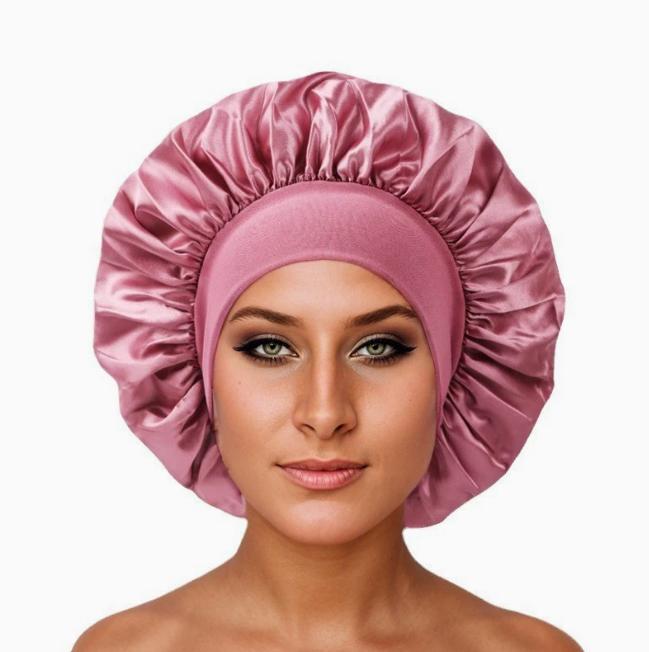 Shower Wide Brim Elastic Satin Hair Care Cap - Women's Sleep, Salon, and Shower Use