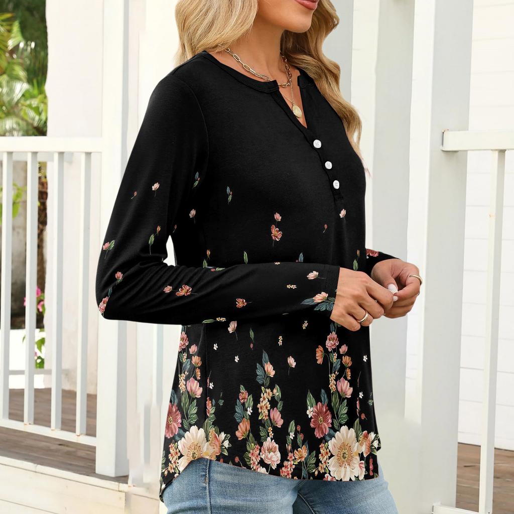 Women's Casual Fashion T,shirt, Vintage Floral Print, Round Neck, Long,sleeved Top.