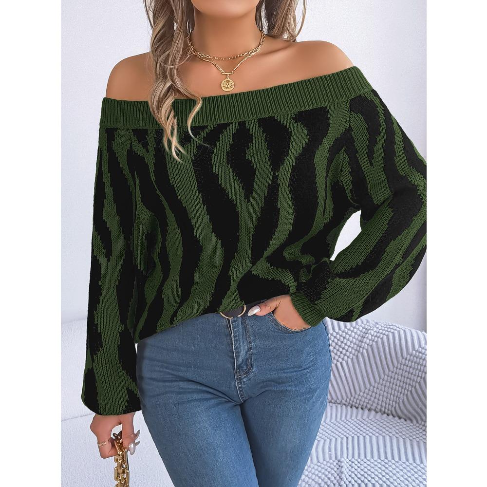 Autumn and Winter Casual Contrasting Color One-line Collar Off-shoulder Lantern Sleeve Sweater