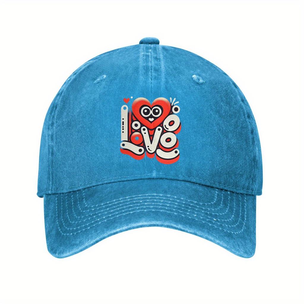 Funny Cartoon Love Heart Graphic Adjustable Baseball Cap Denim Washed Dad Hat Casual Unisex