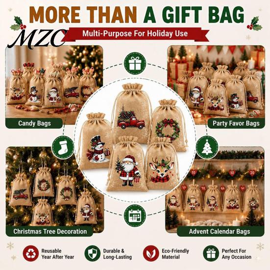 Christmas Party Favor Bags Jute Burlap Gift Bags, Drawstring Treat Candy Festive Wrapping Bag, Reusable Linen Packaging Pouch for Holiday Favors Craft