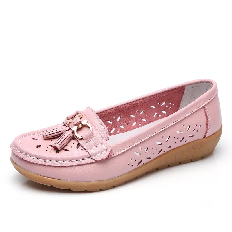 Lightweight Breathable Genuine Leather Moccasins Ladies Non-Slip Bean Walking Shoes Fashion Summer Hollow Slip-On Sandals Women