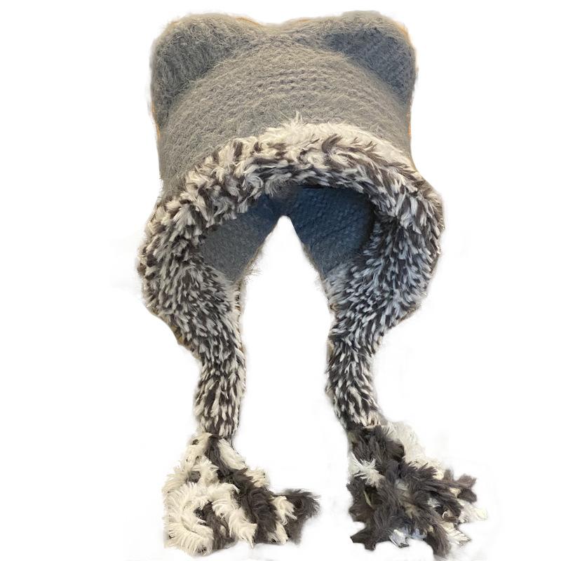 Cute Plush Hat Women's Autumn and Winter Colorful Fringed Braids Knitted Pullover Hat Ear Protector