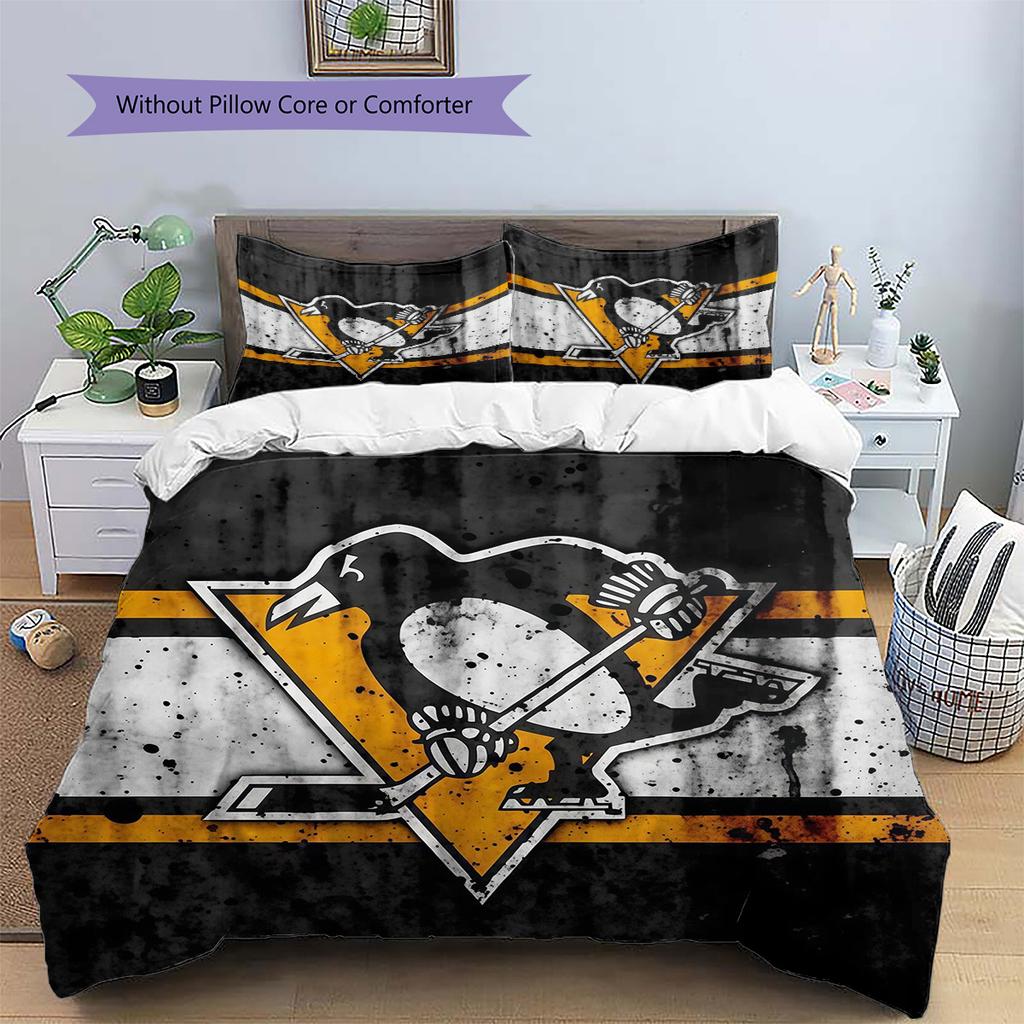Pittsburgh Penguins Pattern Bedding Quilt Set  Home Decoration  Gift (1 * duvet cover + 2 * pillowcase  without core)