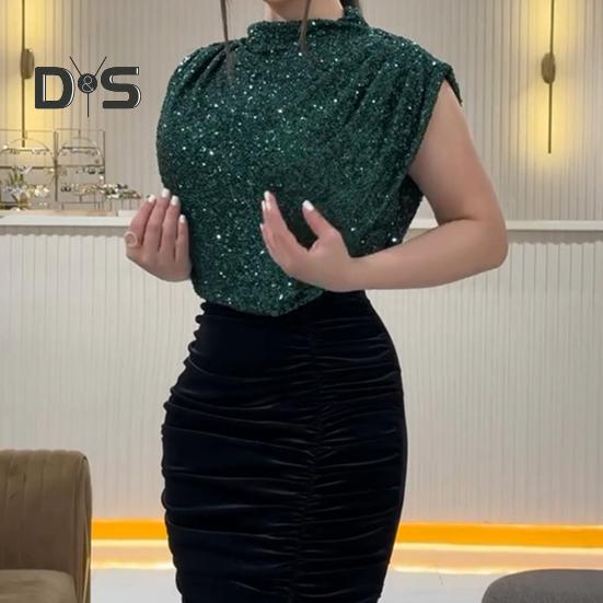 Women Glitter Dress Round Neck Sleeveless High Waist Lady Sequins Split Long Dress Evening Party Gown Dress