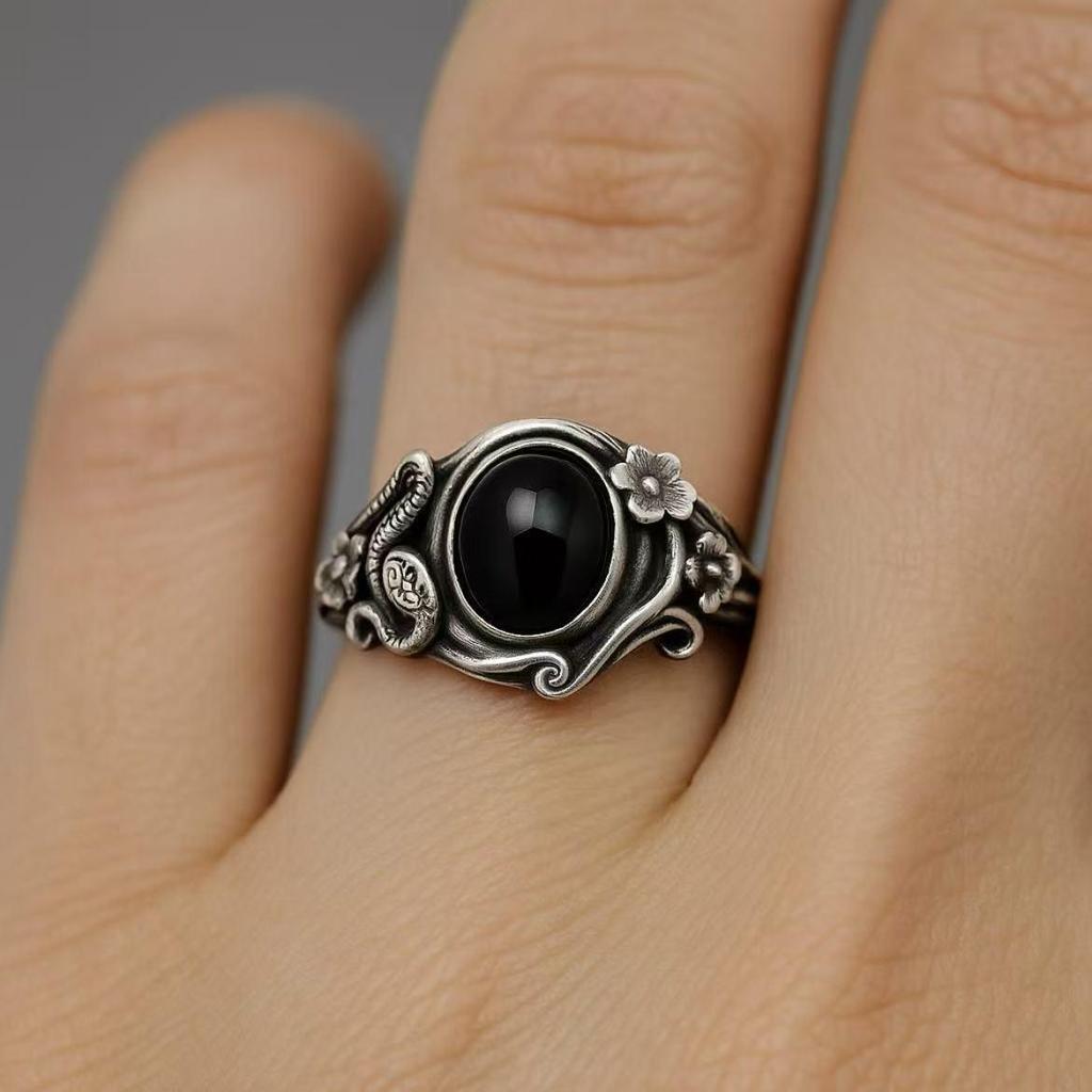 Eco-Friendly Retro Snake Alloy Ring with Black Gemstone and Flower Details for Women