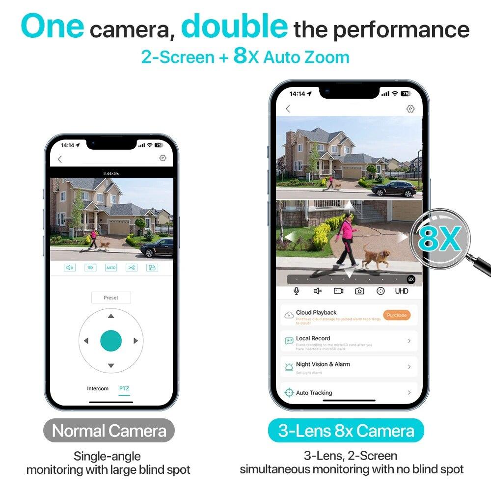 LS VISION Cámara PTZ Exterior UE 9MP 4K HD Zoom Híbrido 8X Tres Lentes Doble Pantalla Cámara IP Wifi 4MP Alarma Luz Policial Vigilancia CCTV ICSee