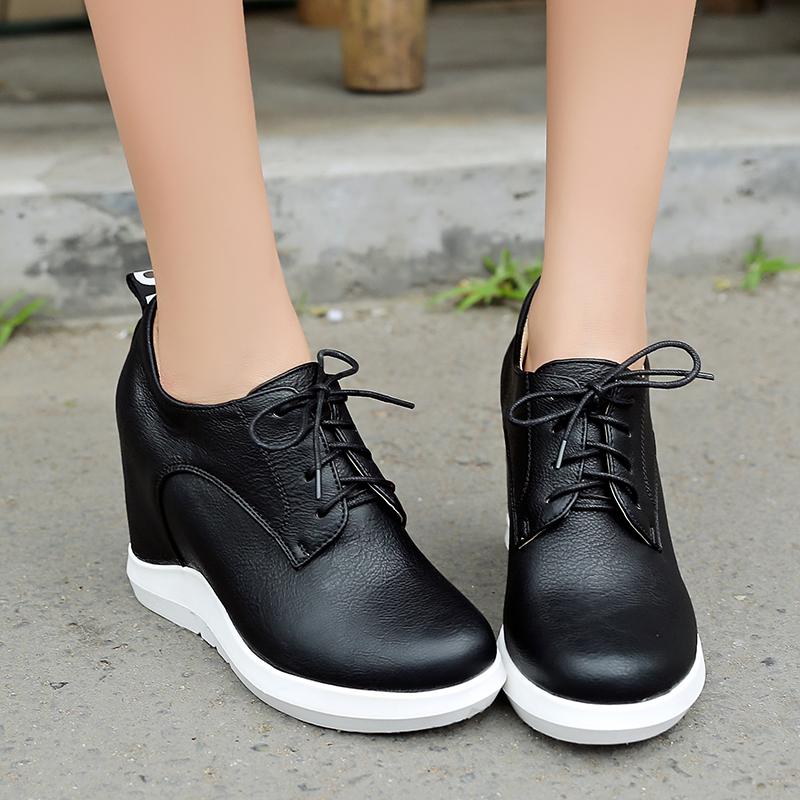 Women's Slope Heel Single Shoes Spring and Autumn Inner Height Increase Casual Lace-up Low-top Shoes