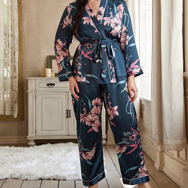 Plus Size Pajamas Women's Cardigan Tie Sleeping Robe Sleeping Pants Suit Casual Loose Home