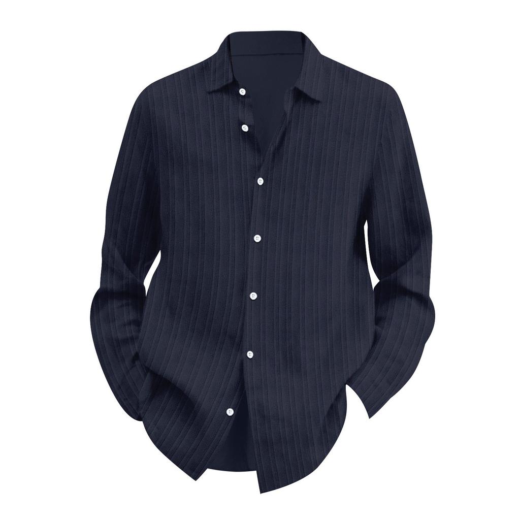 Four Seasons Long Sleeve Lapel Loose Button Cotton Stripe Cardigan Shirt Man