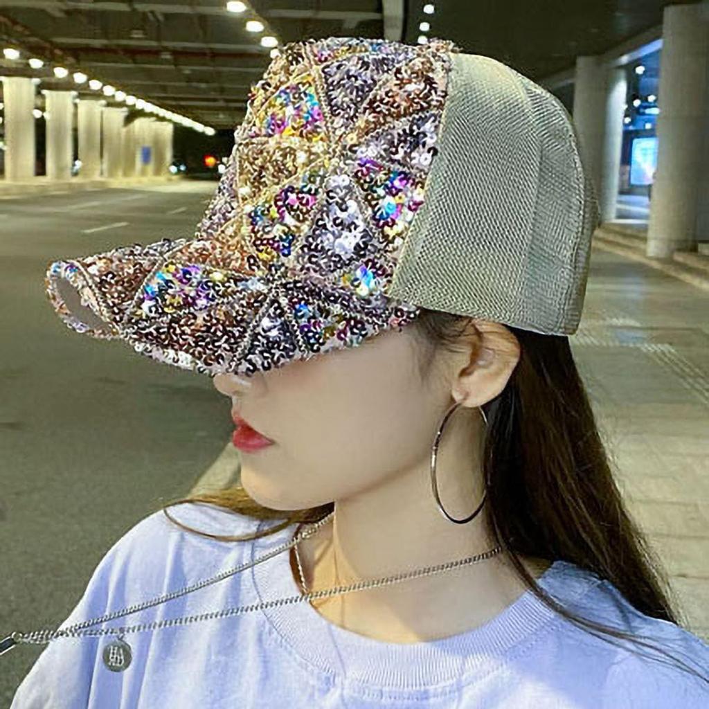 Fashion Ladies Mixed‑Color Sequin Trucker Cap, Geometric Lattice Mesh Back Peaked Hat, Adjustable Sun Protection Baseball Hat for Vacation Club