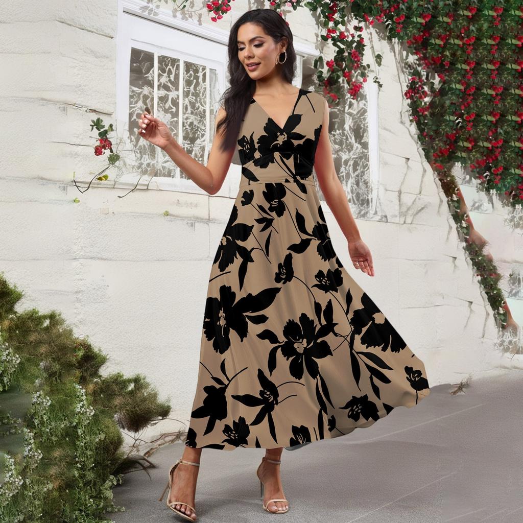 Women's Casual And Fashionable Floral Print V-Neck Sleeveless Dress Sleeveless Dress