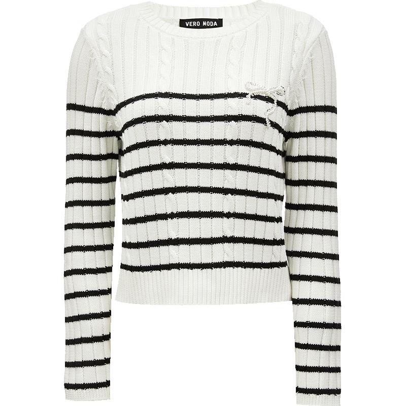

VEROMODA 2025 Spring Striped Round Neck Knit Sweater with Faux Pearl Embellishment M
