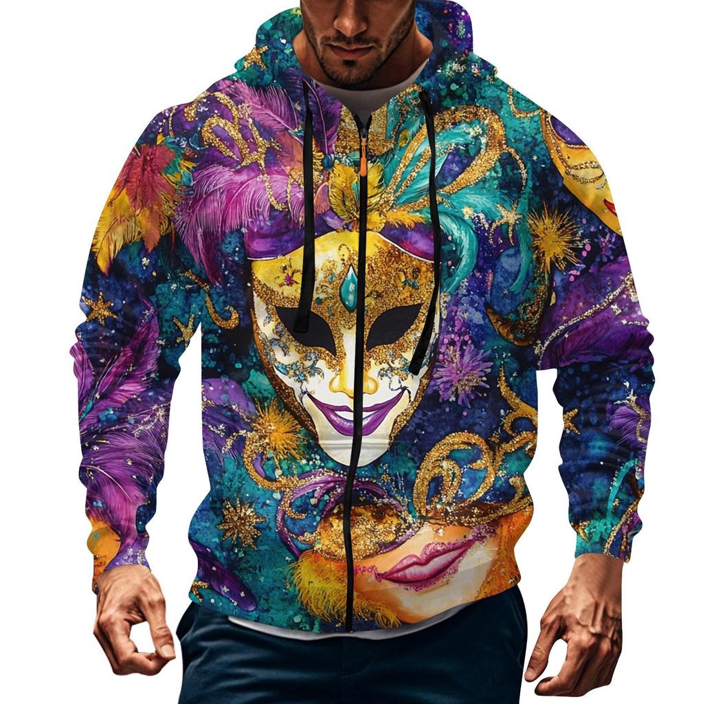 Men's Sports Casual Fleece Hoodie Carnival Print Hoodie Cardigan Zipper Multi-pocket Hoodie Coat