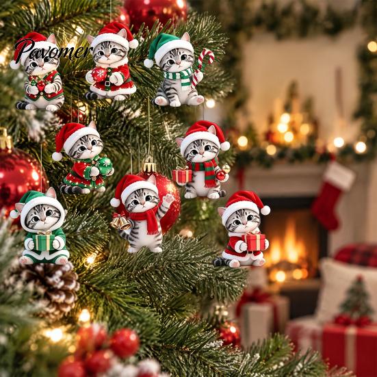 Holiday Tree Ornaments Cute Kitten Christmas Ornament for Hanging, 2D Flat Wooden Decorations Decorative Pendant with Lanyard Home Party Supplies