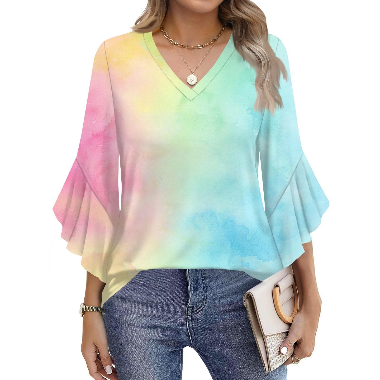 

Women s Fashion Casual Seven-minute Sleeve Gradient, Tie-dye Print Top V-neck T-shirt Flared Sleeve Shirt XXL ціан