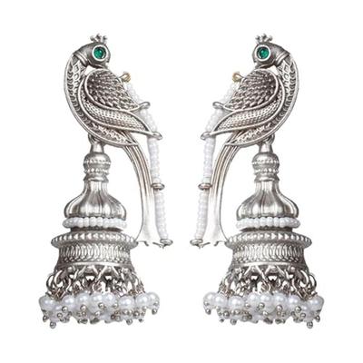 Vintage Indian Bird Dangle Earrings, Silver Plated Jhumki with Peacock Top and Colored Stones, White Beads