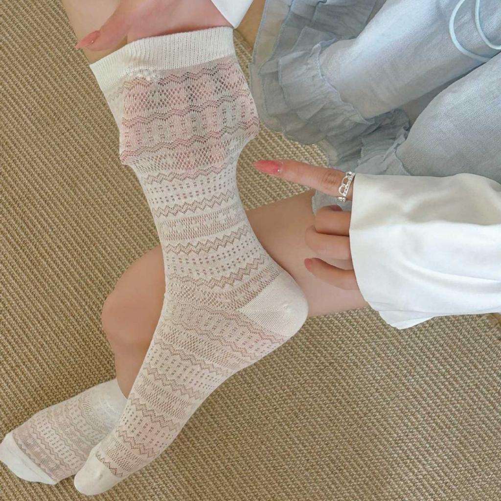 Summer Lightweight Sock Children's Mid-length Pile Socks with Geometric Diamond Pattern Lace Pure Cotton Socks, White Socks