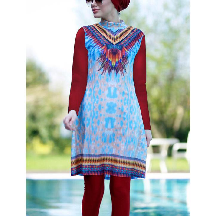 

Printed New Modest Muslim Burkini 2 Piece Set Long Sleeve Tunic and Full Length Leggings Set - Muslim Swimwear - UV Protection Beachwear - Summer S чорний