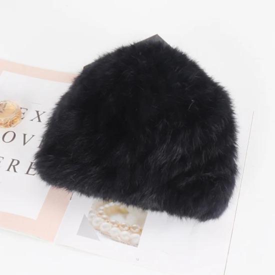 

New Brand Knitted Girls Fashion Real Rabbit Fur Hat Lady Winter Warm Knit Genuine Rabbit Fur Beanies Cap Outdoor Fluffy Fur Caps Good elastic темно-синього кольору