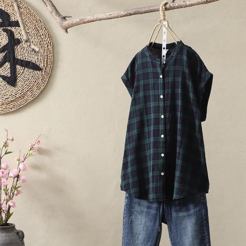 

Ретро-художественная двухслойная хлопковая пряжа с короткими рукавами для женщин, летняя повседневная рубашка с воротником-стойкой, топ, блузки и рубашки L