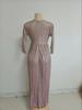 Moda Inverno 2025 Abito da Donna Plissettato con Stampa Oro Maniche Lunghe Gonna Ampia con Cintura Rosa Brillante