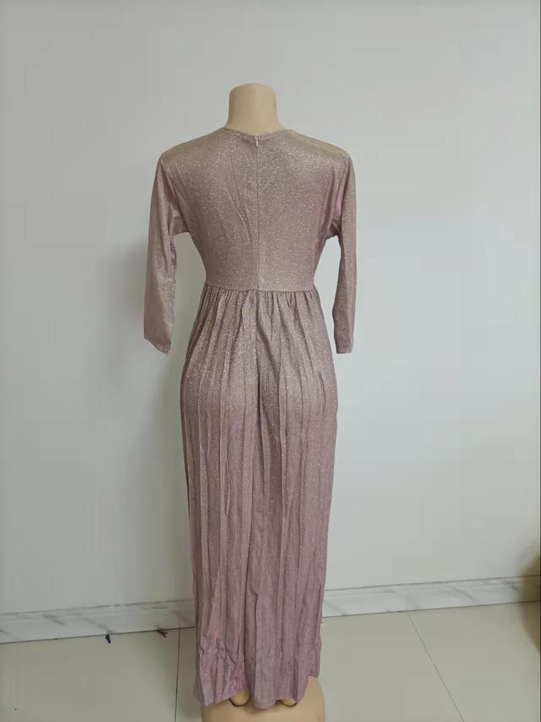 Moda Inverno 2025 Abito da Donna Plissettato con Stampa Oro Maniche Lunghe Gonna Ampia con Cintura Rosa Brillante