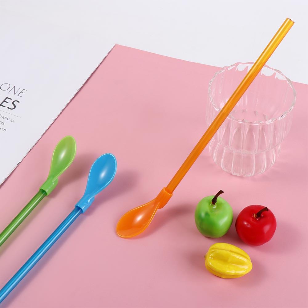 5Pcs 2 in 1 Plastic Spoon Straws Long Handle Ice Cream Spoon Stirring Spoon Milkshake Straws  Party