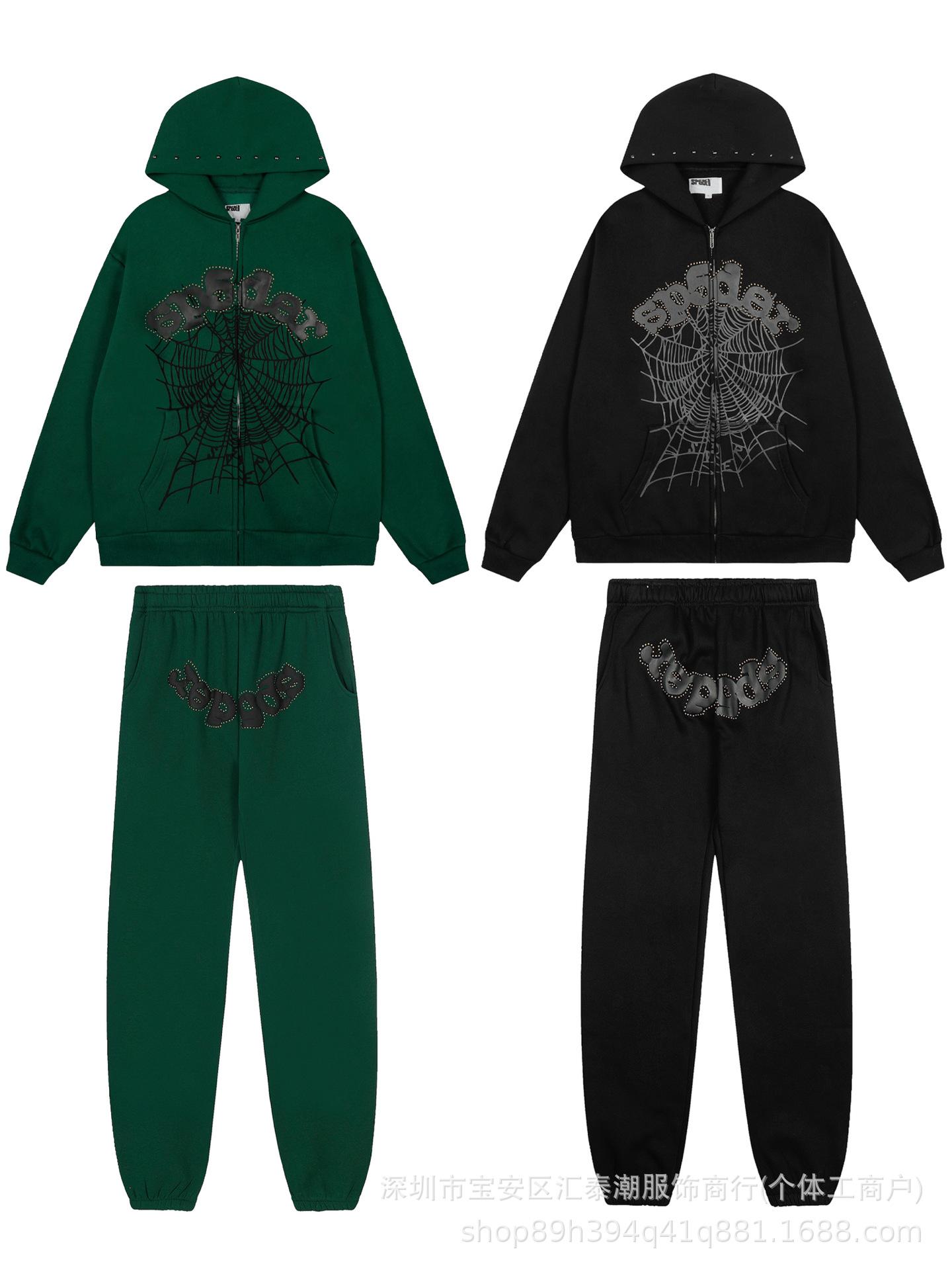 

Sp5der555555 Cross-Border Velvet Hooded Sweatshirt & Sweatpants Set with Spider Web Print S