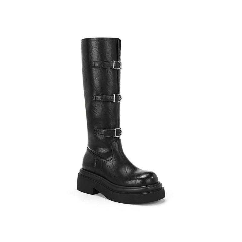 2025 autumn and winter new European and American style but knee niche belt buckle knight boots women's thick-soled round head thin boots