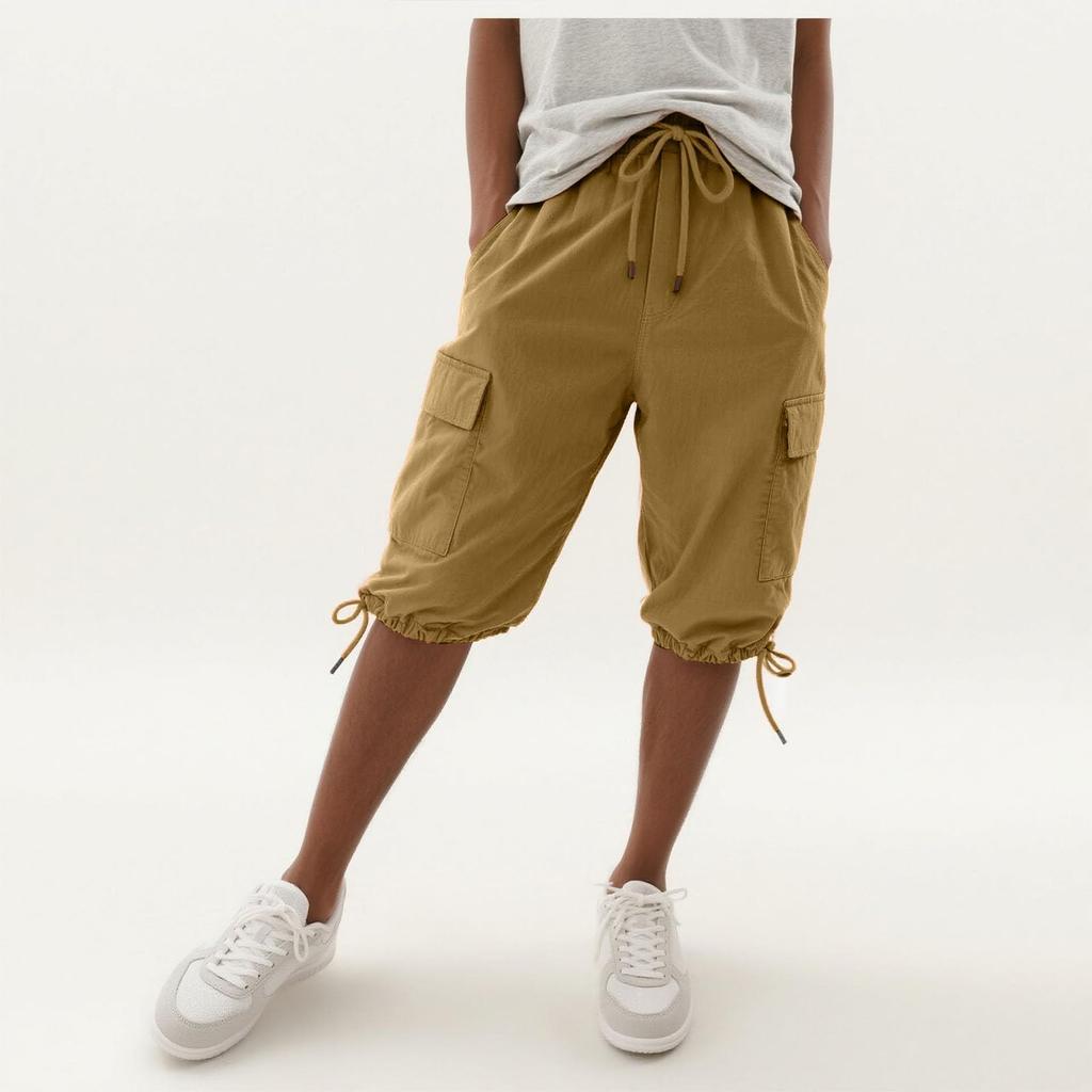 Womens Shorts Knee Length Linen Elastic Waist Drawstring Shorts Summer Pants With Pockets