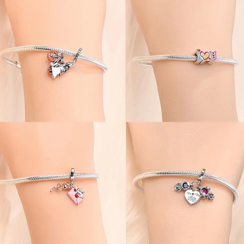 Exquisite Original Couple Love Boy&Girl Dangle Charms Heart Beads Copper Bracelet For Women Diy Jewelry Gift Charms Beads