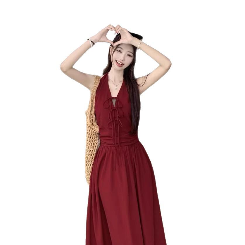 Korean Chic Backless Summer Dress - Solid Color, Unique Style, Long Girly Design