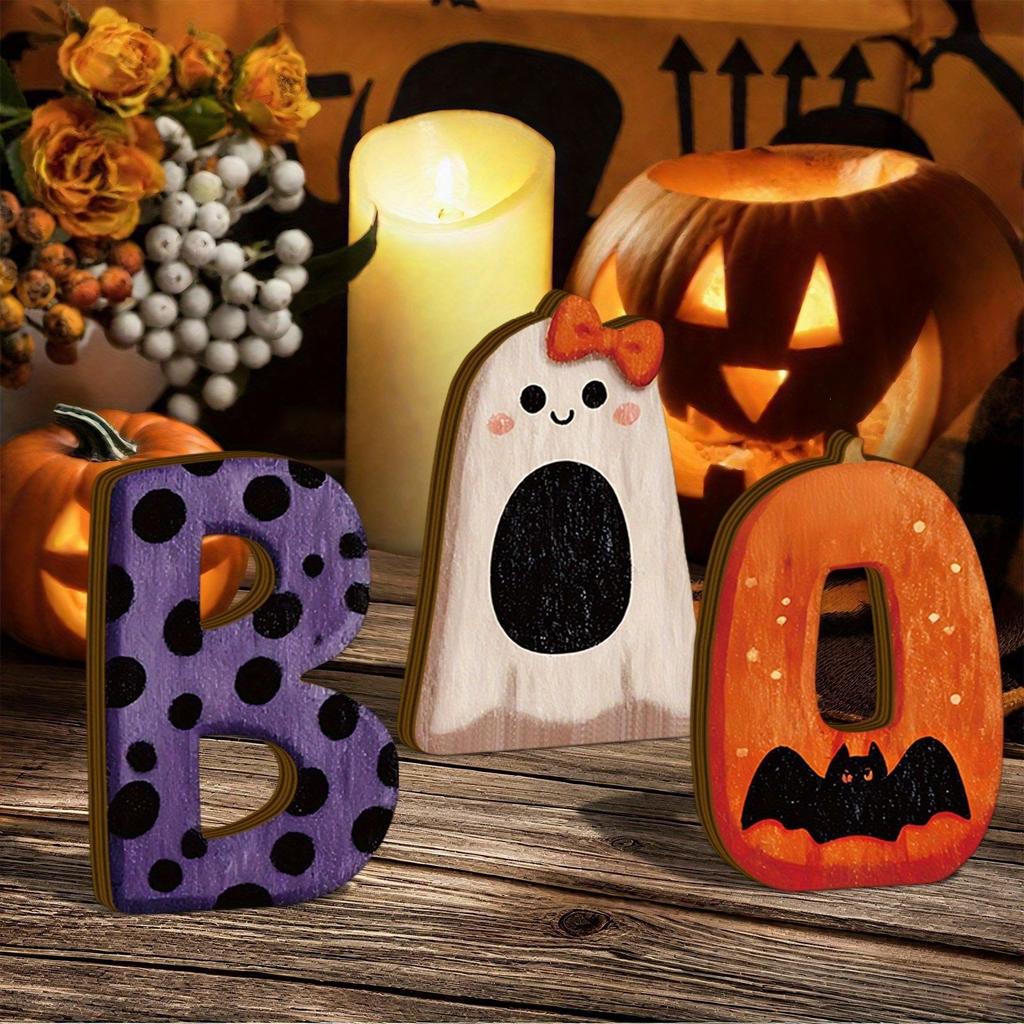 Halloween Wooden Letter Sign Set - 3 Pumpkin Decorations for Mantel Tabletop Shelf Party