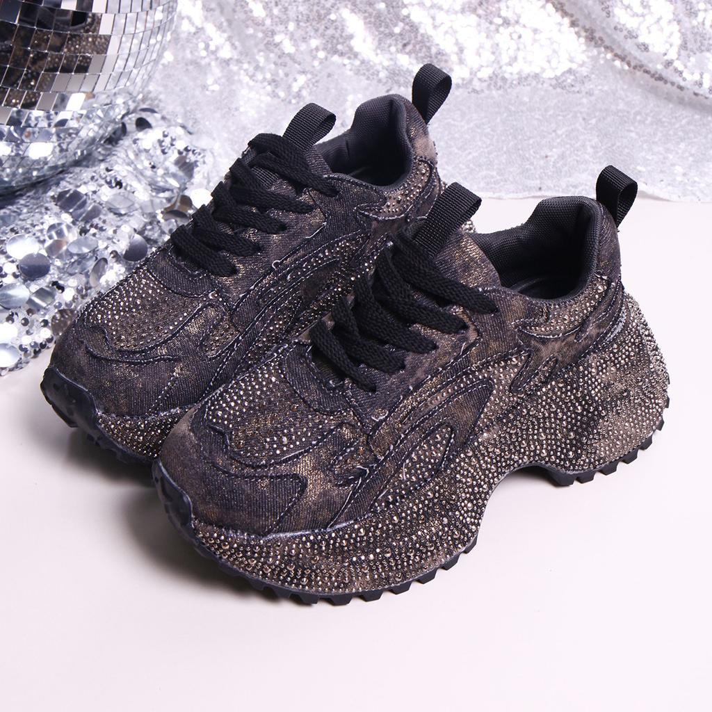 2025 autumn new fashion muffin platform casual rhinestone denim fabric dad shoes women's height-increasing sports shoes trendy shoes