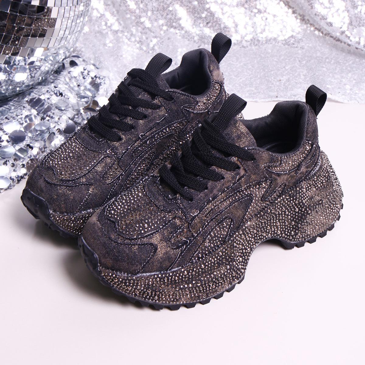 

2025 autumn new fashion muffin platform casual rhinestone denim fabric dad shoes women s height-increasing sports shoes trendy shoes 42