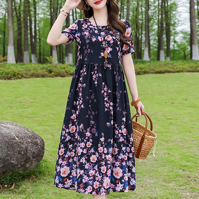 Robe Décontractée pour Femmes Été Vêtements Vintage Ample Manches Courtes Grande Taille Élégante Robes Longues