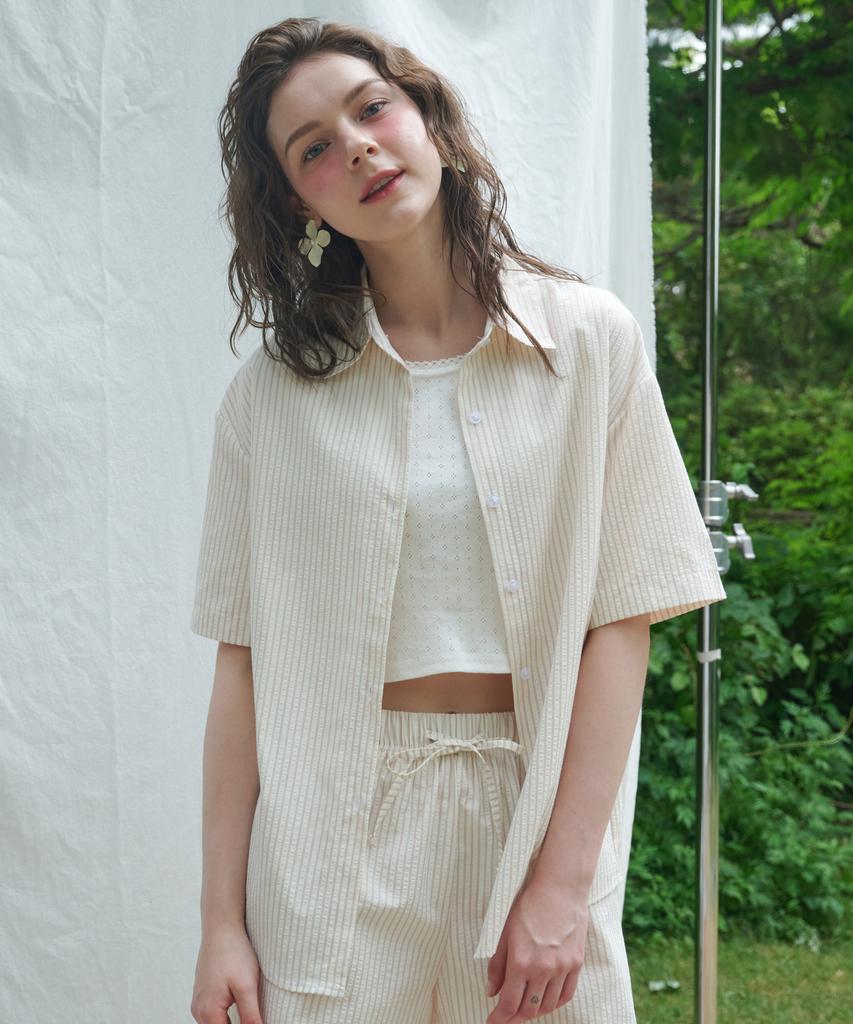 LOSSYROW Seersucker Stripe Shirts Pink