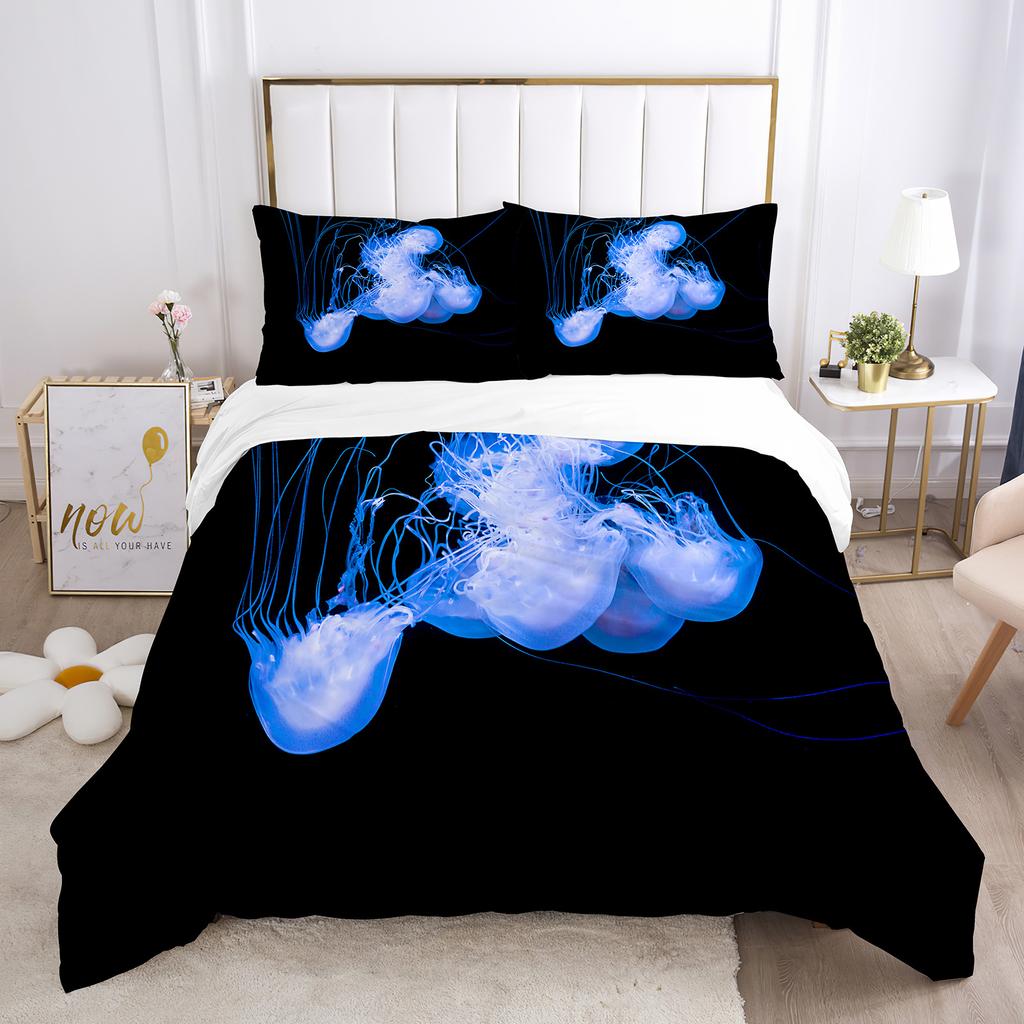 Jellyfish Duvet Cover Set Blue Sea Wild Animals Theme King Queen Size for Kids Teens Adult Polyester Bedding Set with Pillowcase
