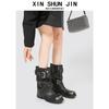 British Style Short Boots Slim Women'S Autumn New Thick Heel Round Head Strap Pants Tube Boots Locomotive Boots Pleated Pile Boots