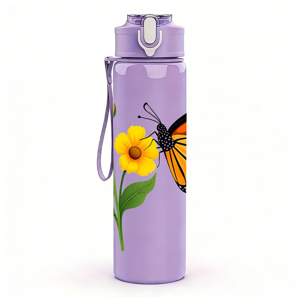 1PC Monarch Daisy Butterfly 750ml Color Plastic Sports Water Bottle Leakproof Flip Straw Lid Suitable for Sports Office Home Use