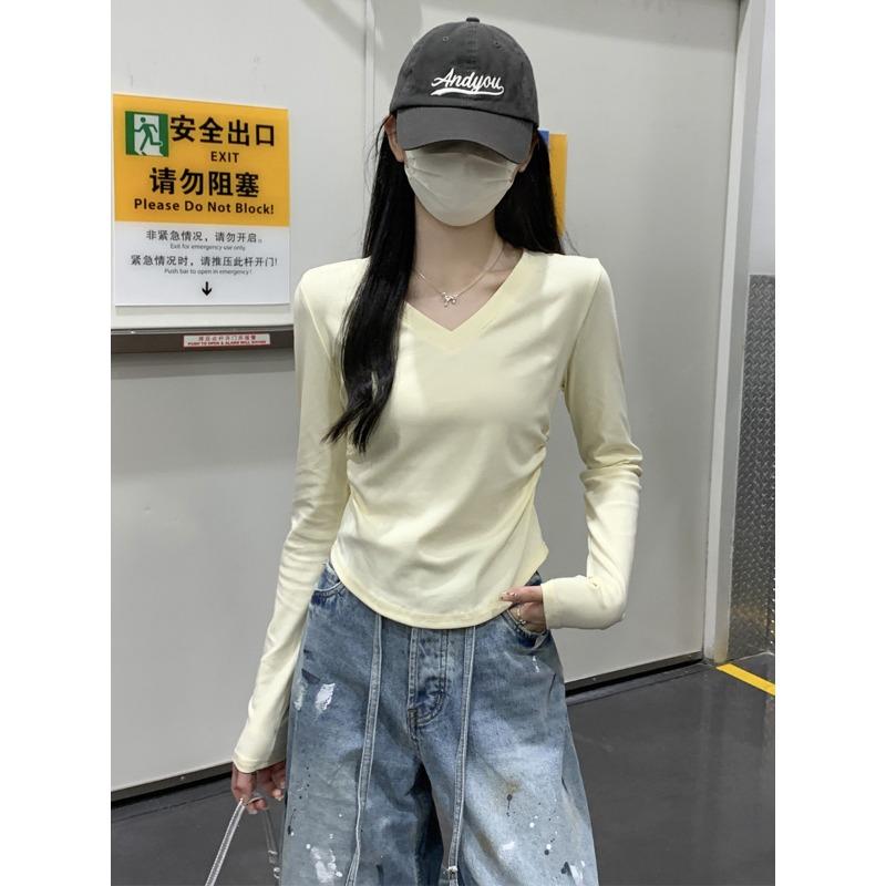 Simple Style Collar Pure White Shoulder Long-sleeved T-shirt Women's Autumn Pleated and Thin Spice Girl Inner Bottoming Shirt