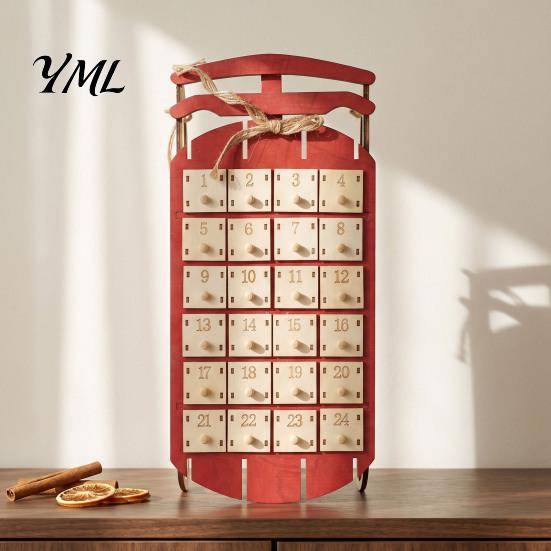 Wall Hanging Christmas Decor Wooden Sleigh Advent Calendar, 24-Day Countdown Box with Drawers, Decoration for Home Tree Decor, Holiday Surprise Candy