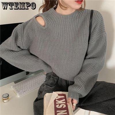 Versão coreana Suéter desleixado ombro a ombro Suéter de personalidade de manga comprida Design vazado Sentimento Primavera Top curto